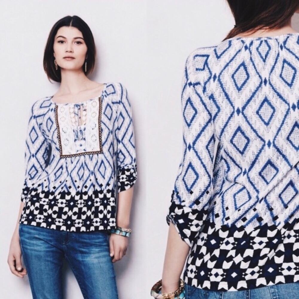 Anthropologie Vanessa Virginia Peasant Blue/Black/White Top